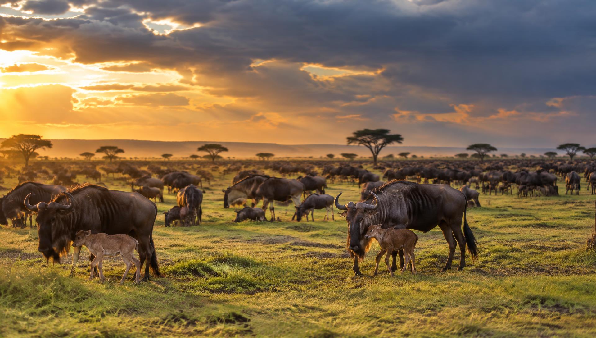 Wildebeest mothers and newborn calves grazing on the Ndutu short-grass plains at sunset